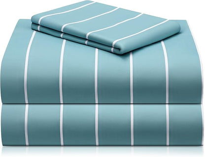 LuxClub 3 PC Twin Sheet Set, Deep Pockets Wrinkle Free Cooling Bed Sheets Hotel Bedding for Women, Men, Kids & Teens, Includes 1 Fitted Sheet, 1 Flat Sheet and 1 Pillowcase-Striped - Light Blue