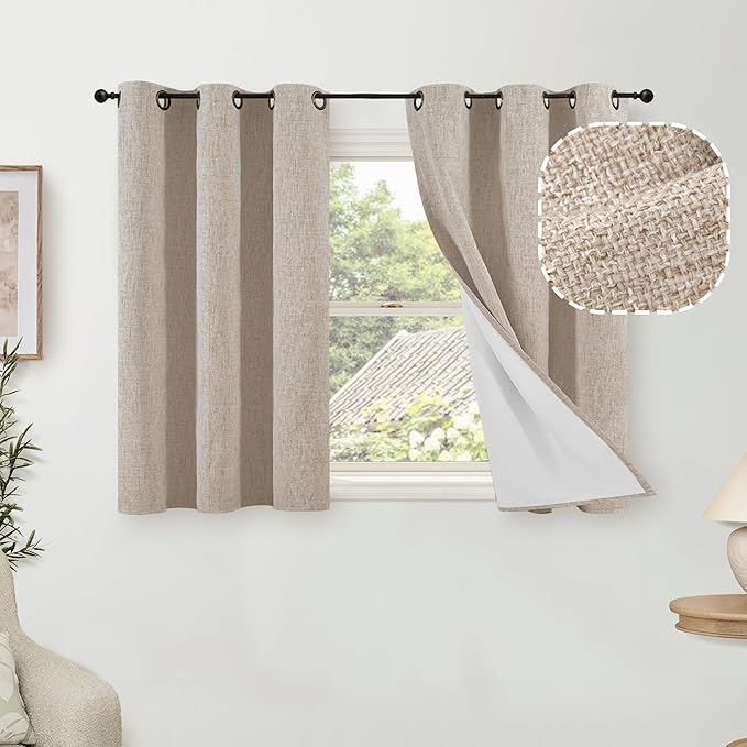 45 Inch Length Linen Blackout Curtains for Short Cafe Window, Thermal Insulated Light Blocking Soundproof Privacy Burlap Curtains 2 Panels, Each 38 Inch Wide Beige