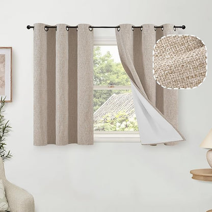 45 Inch Length Linen Blackout Curtains for Short Cafe Window, Thermal Insulated Light Blocking Soundproof Privacy Burlap Curtains 2 Panels, Each 38 Inch Wide Beige