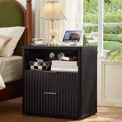 LEYAOYAO 48" Wide Fluted Dresser and 2 Drawers 23" Nightstand Set of 2, Wooden Dresser & Night Stand with Charging Station, 3 Piece Bedroom Furniture Set, Chest of Drawer for Living Room,Black