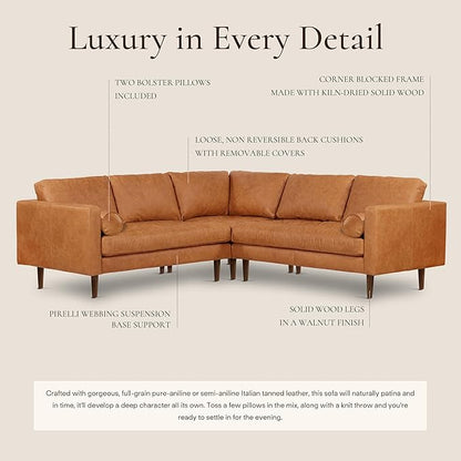 Poly & BARK Napa 98” Leather Corner Sectional Sofa – Full-Grain Italian-Tanned Aniline Leather, Feather-Down Comfort, Solid Wood Frame – Cognac Tan