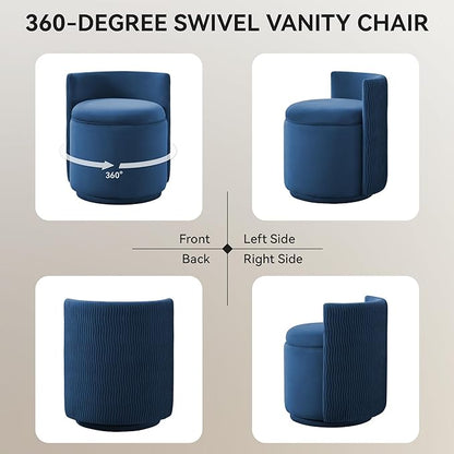 Velvet Vanity Chair with Storage, 360° Swivel Makeup Chair with Wave Back, No Assembly Small Accent Stool for Bedroom, Dressing, Living Room, Blue