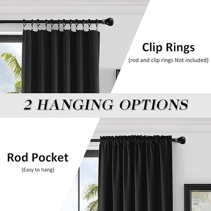 DONREN 99 Percent Blackout Curtains Draperies - Light UV Block Insulated Rod Pocket Window Curtain Panels for Kids Nursery(52 x 96 Inches,Set of 2 Panels,Black)