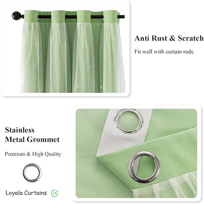 Stars Double Layer Blackout Curtains for Bedroom Kids, 72 Inches Long 2 Panels Set, Green