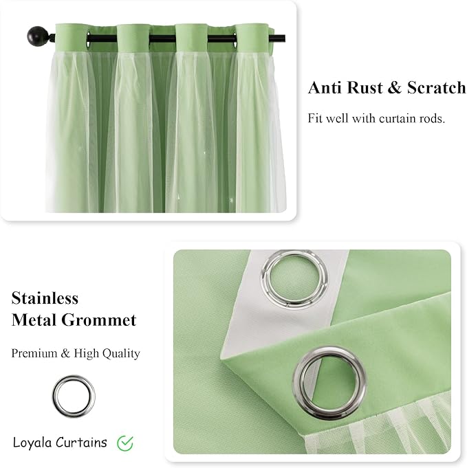 Stars Double Layer Blackout Curtains for Bedroom Kids, Cute Green Curtains 84 Inches Long, 2 Panels Set, 52 X 84 Inches