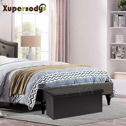 xupersodys 30 Inches Folding Storage Ottoman Bench, Faux Leather Footrest Ottoman, Storage Trunk Footstool for Bedroom, Living Room and Hallway, Support 350lbs, Black (White line)