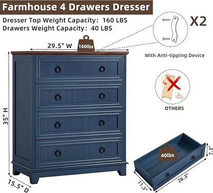 Farmhouse 4 Drawer Dresser for Bedroom, 35" Tall Small Dressers & Chest of Drawers, Rustic Wood Dresser with Metal Handle, Storage Organizer Closet for Living Room, Hallway, Entryway