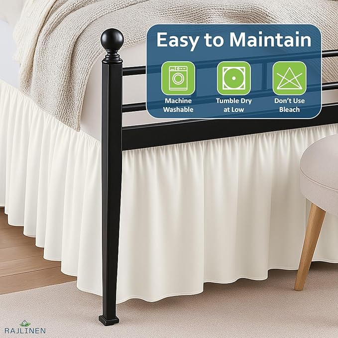 Rajlinen Ruffled Bed Skirt Full, 8 Inch Drop Dust Ruffle with Split Corners, 100% Microfiber Bedskirt with Platform, Three-Sided Coverage Ruffled Gathering Design, Ivory