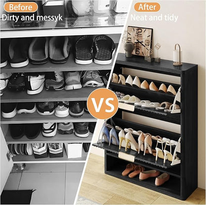 Fluted Shoe Cabinet Storage with 2 Flip Drawers, Narrow Shoe Storage Organizer for Entryway, Hidden Slim Wooden Shoe Rack Cabinet for Front Door Entrance, Hallway, Living Room (2-Drawer, Black)