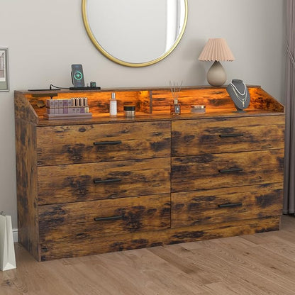 6 Drawer Dresser with Power Outlet, Chest of Drawers with LED Light, Modern Dresser with Open Storage Cubby, Double Wide Dressers Organizer for Bedroom, Living Room, Entryway, Hallway