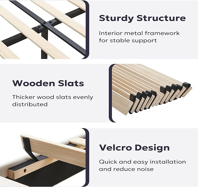 Full Platform Bed Frame, Velvet Upholstered Bedframe with Vertical Channel Adjustable Headboard, Golden Plating Trim, Mattress Foundation with Wooden Slats, No Box Spring Needed, Black