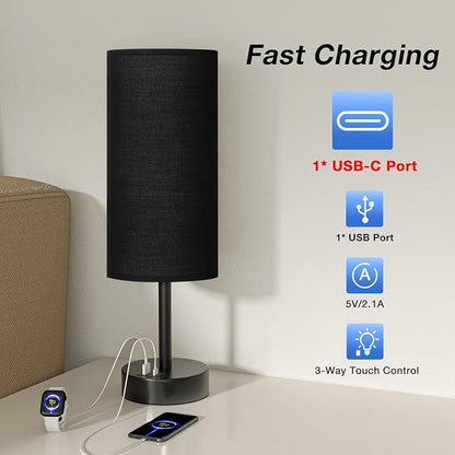 Black Touch Nightstand Lamps for Girl - Small Bedside Lamp with USB-C and USB Charging Ports, 3 Way Dimmable Control Table Lamp for Living Room Office, Dorm, Reading with Fabric Shade Black Base