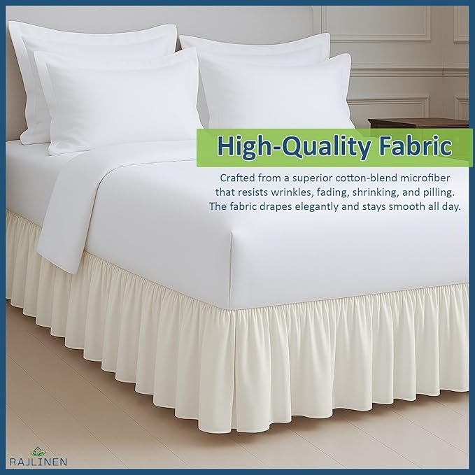 Rajlinen Ruffled Bed Skirt Full XL, 12 Inch Drop Dust Ruffle with Split Corners, 100% Microfiber Bedskirt with Platform, Three-Sided Coverage Ruffled Gathering Design, Ivory