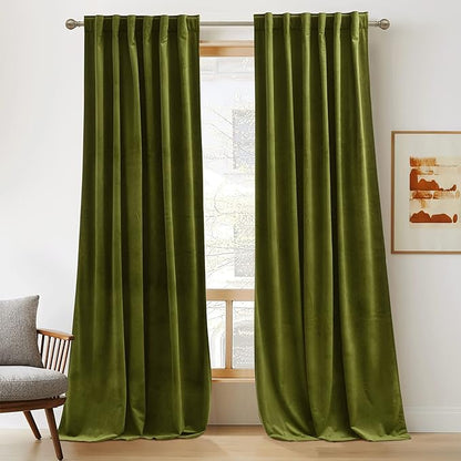 RYB HOME Moss Green Velvet Curtains 100 inches, Back Tab Soft Fabric Room Darkening Thermal Insulated Luxurious Home Decor Curtains for Living Room Bedroom, W 52" x L 100", 2 Panels Set