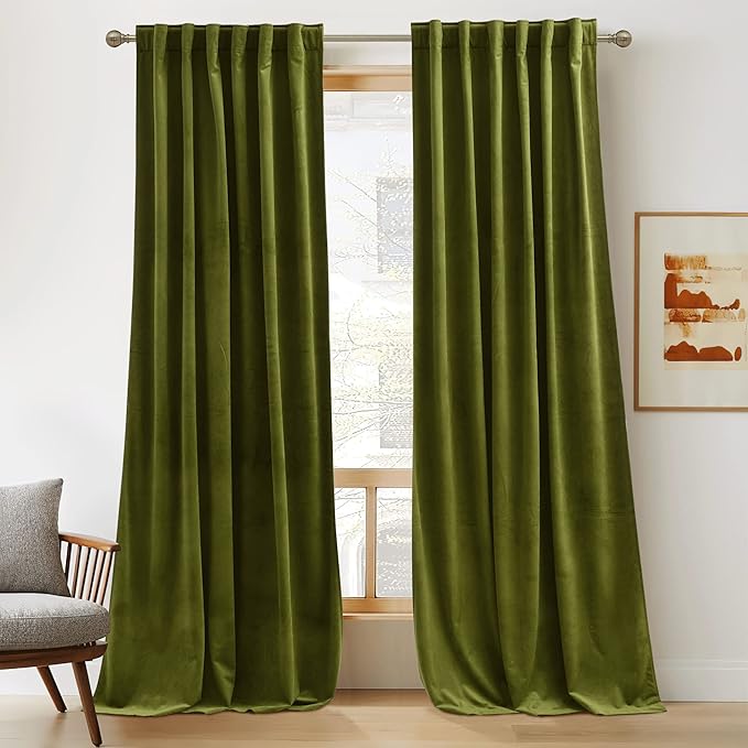 RYB Home Moss Green Velvet Curtains - Smooth Plush Privacy Blackout Energy Efficient Window Treatment Vivid Luxury Decoration for Bedroom Bathroom, W42 x L84 inches, 2 Pieces