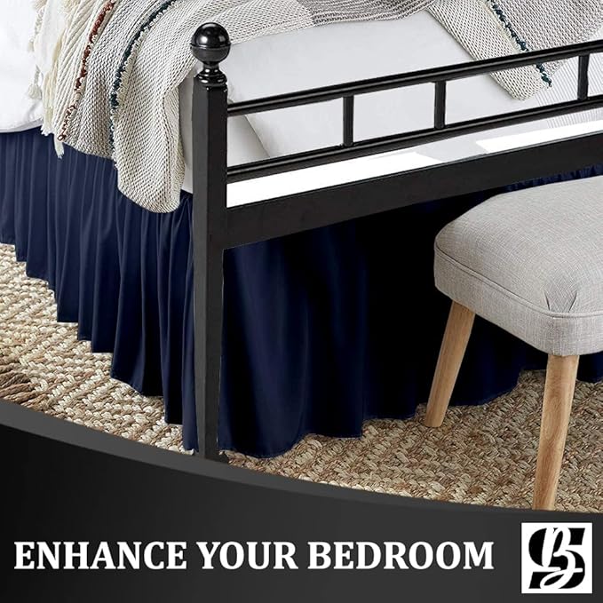 SKY BEDDINGS - Queen Size Ruffled Bed Skirt with Split Corners - 16 Inch Drop Dust Ruffle Bed Skirt with Platform Three Sided Coverage - 100% Microfiber, Navy Blue