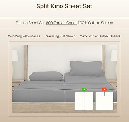 California Design Den Split King Sheets for Adjustable Bed - Buttery Soft 800 Thread Count, 100% Cotton Set, Sateen Bedding Set, Durable Twin XL Fitted Sheets - Light Grey