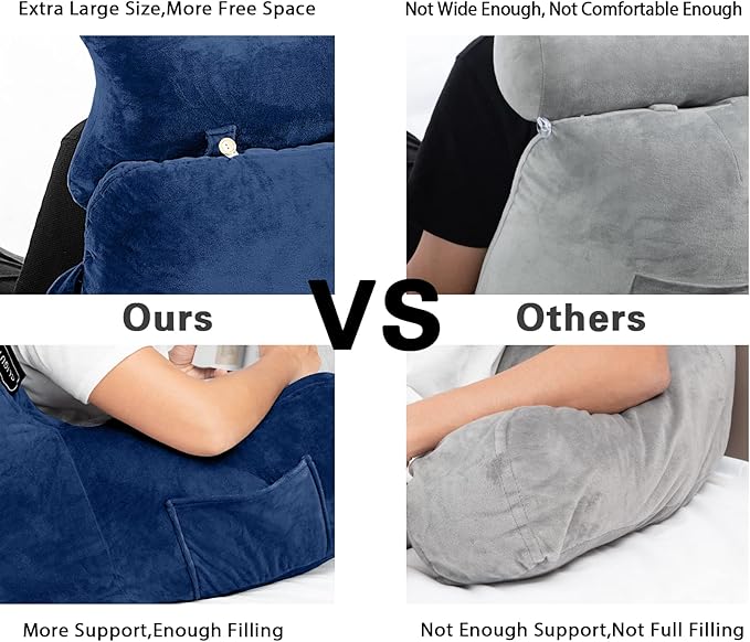 SLIGUY Reading Pillow-Bed Rest Pillow with Detachable Neck Roll & Higher Support Arm for Sitting in Bed Couch or Floor-Backrest Reading Pillow Adult Back Pillow for Reading/Watching TV/Gaming,Blue
