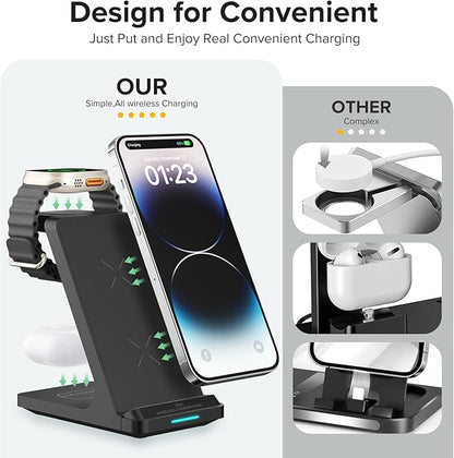 Wireless Charging Station, 3 in 1 Fast Wireless Charger Stand for Multiple Devices Apple Watch Ultra Series 11 10 9 8 7 6 SE 5 4 3 2, iPhone 17 16 15 14 13 12 11 Pro Max/Plus/Air/X/XS/XR, Airpods Pro
