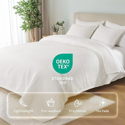 Oversized King Quilt Set 112"x106" – Soft Washed 3 - Layer Lightweight California King Bedspread, Minimalist Nordic Design, All-Season Spring & Summer Quilt Set (1 Quilt + 2 Pillow Shams), Cream White