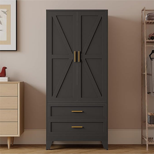 Metal Armoire Wardrobe Closet,71" Tall Black Storage Cabinet with Hanging Rod,2 Drawers & Adjustable Shelves,Heavy-Duty Steel Wardrobe for Bedroom, Garage, and Office