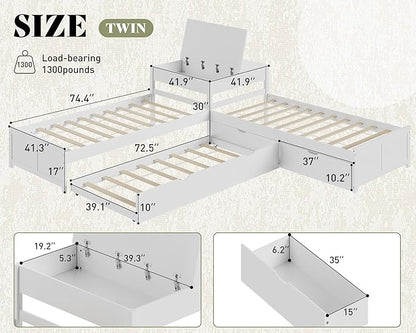 AMERLIFE L-Shaped Twin Trundle Bed with Flip-Top Storage Desk, Space-Saving Solid Wood Platform Bed Frame, White Finish, Multi-Functional Twin Bed for Kids and Families