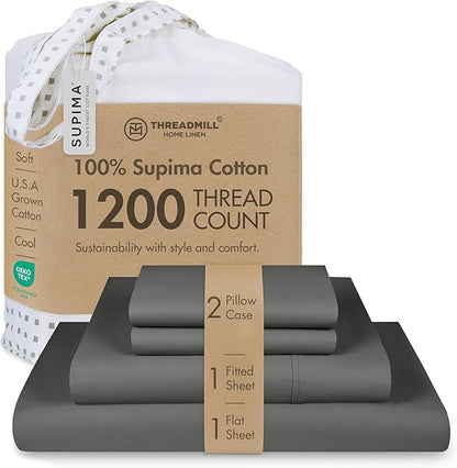 Threadmill 100% Supima Cotton Sheets, 1200 Thread Count Cotton Sheets for Cal King Size Bed, 4 Pc Dark Grey Cal King Bed Sheets Set, 5-Star Hotel Quality, Elasticized Deep Pocket Cal King Sheet