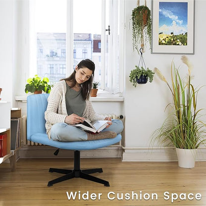 PUKAMI Criss Cross Chair,Armless Cross Legged Office Desk Chair No Wheels,Fabric Padded Modern Swivel Height Adjustable Mid Back Wide Seat Computer Task Vanity Chair for Home Office (Light Blue)