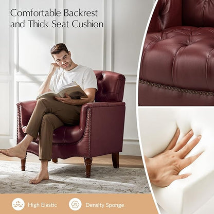 HULALA HOME Mid Century Modern Leather Club Chairs, Top-Grain Genuine Leather Armchairs with Button-Tufted Back & Solid Wood Legs, Accent Chairs for Living Room/Bedroom/Home Office, Burgundy