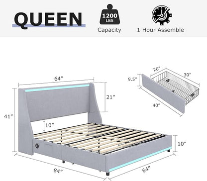 VECELO Queen Size Bed Frame with Storage Drawers, Upholstered Platform Bedframe with Wingback Headboard, No Box Spring Needed, Classic Grey