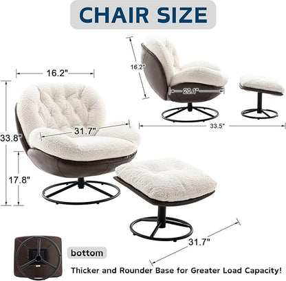 Swivel Sherpa Accent Chair with Ottoman, Mid Century Modern Lounge Chair with Footrest, Comfy Reading Chair with 360 Degree Metal Base for Small Space/Living Room/Bedroom, White Fur