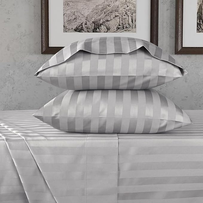 URBANHUT 800 Thread Count 100% Cotton Damask Queen Size Sheets, 4 Piece Striped Queen Size Bedsheets, Luxury Hotel Sheets Sateen Weave - Better Than Egyptian, 16" Elasticized Deep Pocket- Silver Grey
