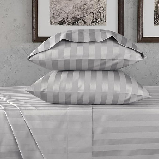 URBANHUT 800 Thread Count 100% Cotton Damask Queen Size Sheets, 4 Piece Striped Queen Size Bedsheets, Luxury Hotel Sheets Sateen Weave - Better Than Egyptian, 16" Elasticized Deep Pocket- Silver Grey