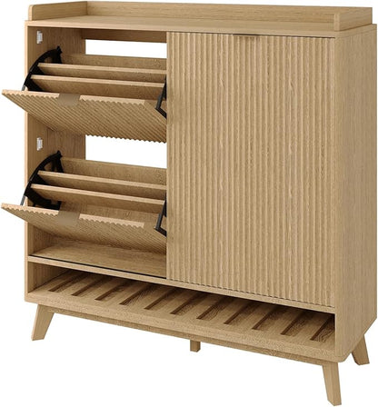 IDEALHOUSE Fluted Shoe Cabinet Storage with 2 Flip Drawers & Sliding Door & Adjustable Shelf Rack，Freestanding Wood Narrow Hidden Shoe Organizer for Entryway, Hallway, Living Room