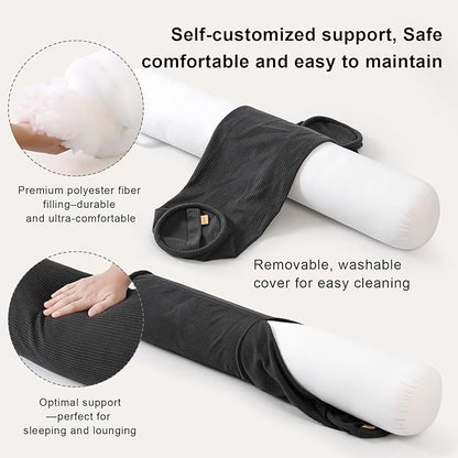 Long Round Body Pillow for Adults – Corduroy Cervical Roll Bolster Pillow, Firm Support for Spine Alignment & Side Sleeping,39 x 7.87 Inches,Lamp Black
