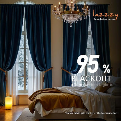 Lazzzy Velvet Blackout Curtains Thermal Insulated Room Window Drapes Super Soft Luxury Curtains for Living Room Bedroom Rod Pocket 2 Panels, Dark Blue, 52" W x 84" L