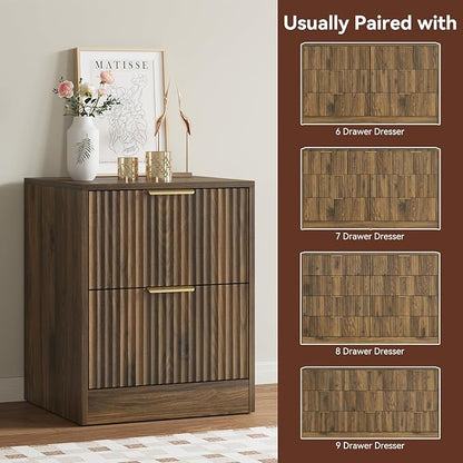 8 Drawer Dresser & Nightstand Set 3-Piece, 55” Wide Fluted Walnut Dresser and Night Stand Set of 2 with Metal Handle, Modern Wood Chest of Drawers Storage Dressers Set for Bedroom, Walnut