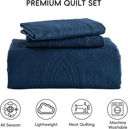 Yiran Navy Blue Quilt Set King Size Lightweight Bedspread Embossed Pattern Soft Microfiber Coverlet for All Season with 2 Pillow Shams (106"x96")