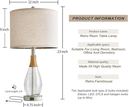 OYEARS 23" Table Lamps for Living Room Set of 2 Bedside Lamps for Night Stands Bedroom Lamps Farmhouse Rattan Boho Lamp Glass Nightlight End Table Lamp with USB C+A (White),Two Light Points