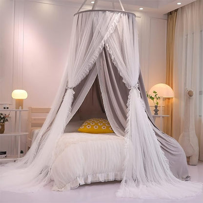 VETHIN Double Layer Princess Round Dome Canopy Bed Curtain for Girls Adults,Children Dreamy Mosquito Net,Cute Bedroom Decoration Castle Play Tent Reading Nook Canopies(Dome-Grey/White)