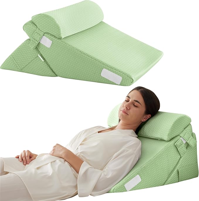 Bedluxe 3Pcs Orthopedic Bed Wedge Pillow Set, Foam Wedge Pillow Post Surgery for Back, Leg and Knee Support, Adjustable 9&12 Inch Folding Triangle Pillow for Sleeping, Acid Reflux, Snoring, Green