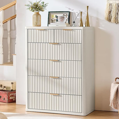 LEYAOYAO Fluted 6 Drawers Dresser for Bedroom, 42" Tall Modern Chest of Drawers with Metal Handle, Curved Profile Design,White Wood Drawer Organizer for Bedroom, Living Room, Hallway, Entryway