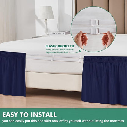 Biscaynebay Wrap Around Bed Skirts with Split Corners for Queen Beds 16" Drop, Navy Elastic Dust Ruffles Adjustable Easy Fit Wrinkle & Fade Resistant Silky Luxurious Fabric Machine Washable