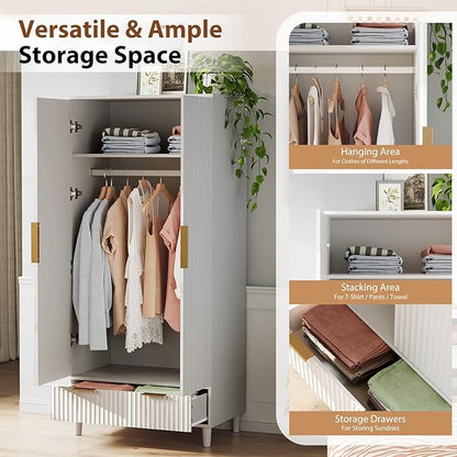 VINGLI Fluted Wardrobe Closet Armoire with Doors And Drawers, White Wardrobe Cabinet with Hanging Rack, Bedroom Closet Wood, Free Standing Armoire with Shelf and Solid Wood Legs, 31.5"W*19.7"D*69.3"H