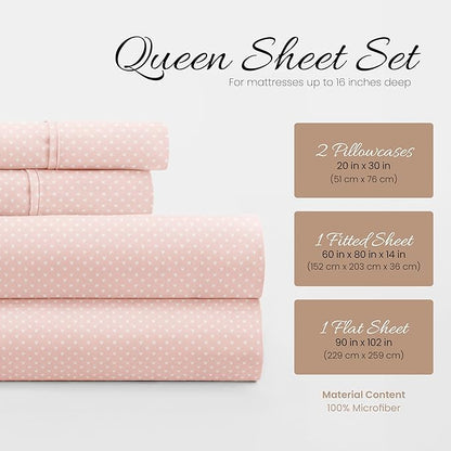Linen Market Patterned Microfiber Queen Sheet Set 4 Piece – Oeko-TEX Certified Ultra Soft & Wrinkle-Free - 16" Deep Pocket Sheets - Easy Care Queen Size - My Heart Pink