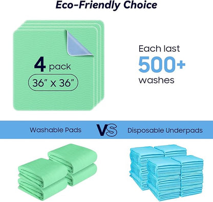4 Pack 36” x 36” Extra Heavy Absorbency Washable Underpads, Waterproof Quick Drying Nursing Incontinence Reusable Washable Bed Pee Pads for Dogs, Diaper Changing & Adults, Green