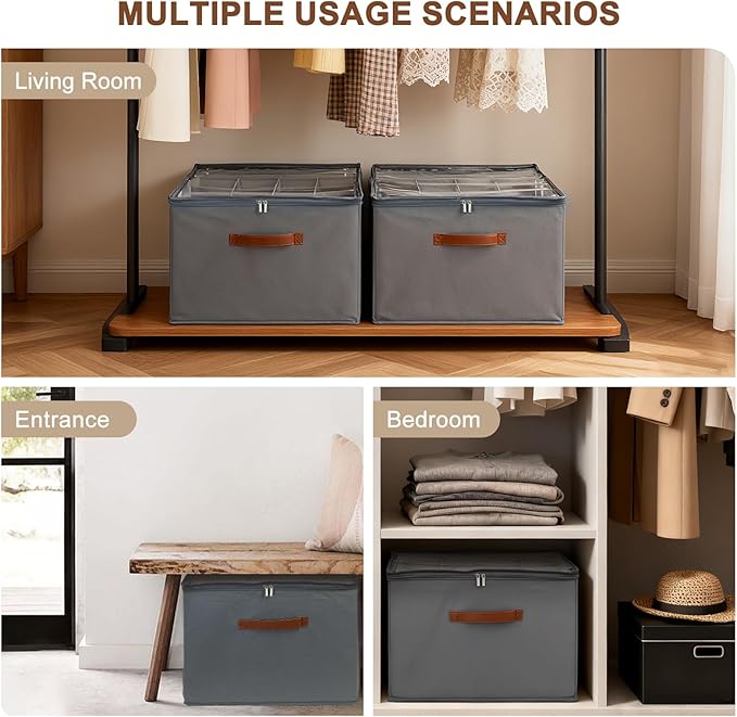 Shoe Organizer for Closet, Foldable Shoe Storage Box with Clear Top Lid, 3 Leather Handles, Adjustable Dividers, Fits 8-16 Pairs, Stackable Shoe Bin for Bedroom (Gray, 2 PCS/16.9*11.8*1.57 inch)