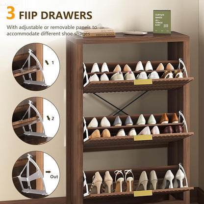 Shoe Cabinet Storage for Entryway, Fluted Shoe Cabinet with 3 Flip Drawers, Hidden Shoe Rack Tall Freestanding Shoe Organizer with Legs for Hallway, Walnut