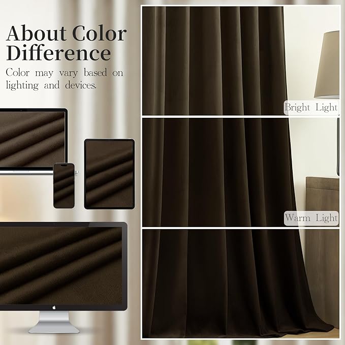90 Inch Long Velvet Curtains for Living Room, Light Reducing Thermal Curtain Back Tab & Rod Pocket Elegant Soundproof Luxury Room Darkening Window Drapes for Bedroom, W52 x L90, Brown, 2 Pcs