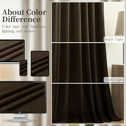 90 Inch Long Velvet Curtains for Living Room, Light Reducing Thermal Curtain Back Tab & Rod Pocket Elegant Soundproof Luxury Room Darkening Window Drapes for Bedroom, W52 x L90, Brown, 2 Pcs